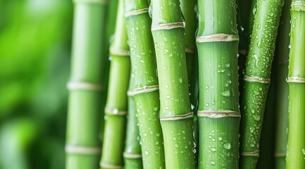 Close-up of vibrant green bamboo stalks covered in dew drops