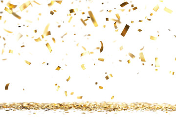 Golden confetti falling on glitter background isolated on transparent background