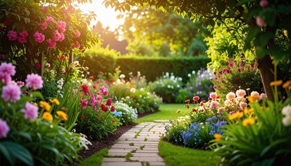 Fototapeta premium Beautiful Garden Path Vibrant Flowers Blooming in Summer Sunlight A Serene Brick Walkway Leads Through Lush Greenery