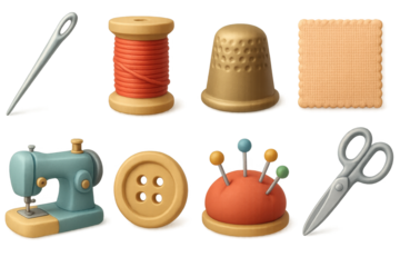 Sewing kit 3d set with needle and thimble icons, crafting and stitching elements