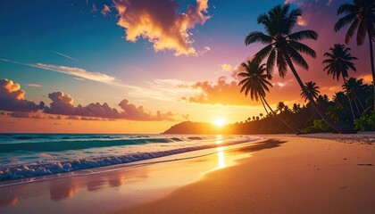 Stunning Tropical Sunset at a Peaceful Beach with Palm Trees A picturesque view of a tranquil ocean at golden hour