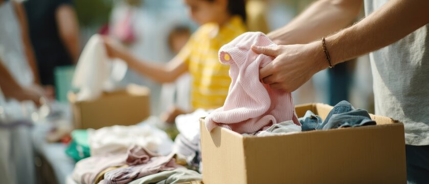 People sorting and donating clothes at a community donation event or charity drive.

