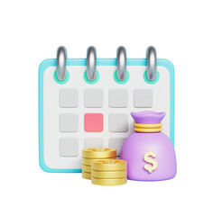 재무 계획 캘린더 동전 돈 주머니 Financial Planning and Calendar with Coins and Money Bag