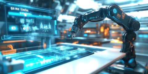 Futuristic robot arm with holographic interface