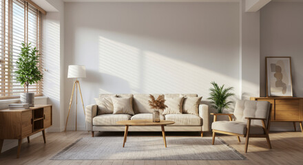 Fototapeta premium Cozy living room design contemporary home interior photography bright environment wide angle view modern aesthetic for inviting spaces