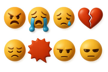 Negative emotions 3d set. angry, sad, and stressed expressions in 3d style