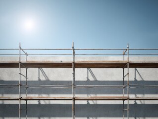 Fototapeta premium A section of construction scaffolding stands against a white wall under a clear blue sky, casting defined shadows.