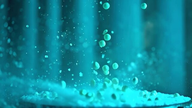 Creative light art photograph, warm terracotta and cool teal tones, showcasing small white peas in mid-air snowfall, seemingly jumping from an unseen drum.