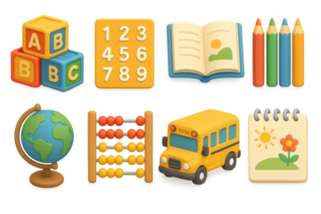 Educational 3d set icons. learning and teaching symbols in playful 3d style