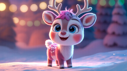 A digital art illustration of a cute cartoon reindeer with large expressive blue eyes and long eyelashes.