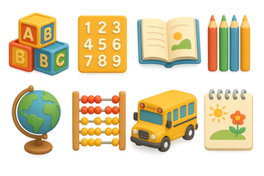 Educational 3d set icons. learning and teaching symbols in playful 3d style