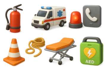 3d set of emergency tools icons. safety, rescue, and first aid symbols in 3d style