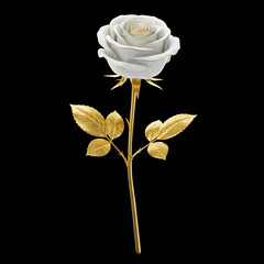 A single white rose with gold trim on a gold stem and leaves against a black background studio shot