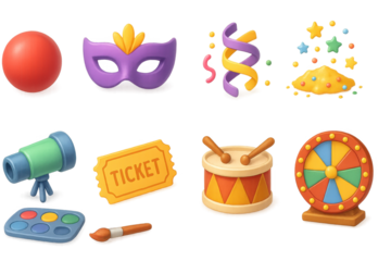Carnival and space 3d set: fun fair icons in 3d style, entertainment symbols