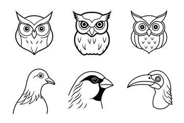 set of vector animals, Minimalist Black and White Bird Head Icons Line Art Set
