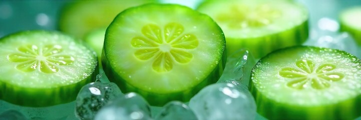 Close-up of vibrant green cucumber slices, glistening with condensation, resting on a bed of ice  Perfect for refreshing summer drinks and healthy recipes ,  farm,  macro