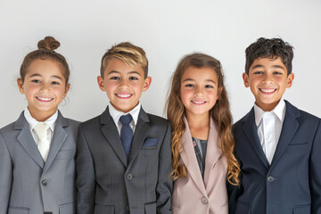 Fototapeta premium A group of diverse children in business suits stands together with bright smiles, symbolizing unity and collaboration in a professional setting.