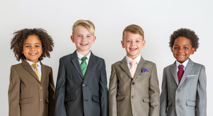 A group of diverse children in business suits stands together with bright smiles, symbolizing unity and collaboration in a professional setting.