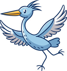 Blue cartoon heron flying in upward motion with large wings in flat vector for wildlife illustrations