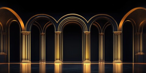 Dark opulent hall with golden arches and pillars