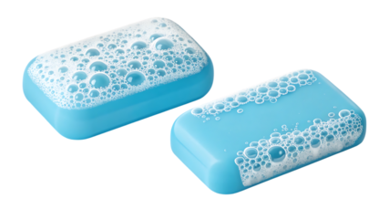 Two blue soaps covered in soap bubbles ready for washing on a clean black background