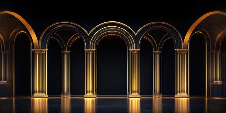 Dark opulent hall with golden arches and pillars
