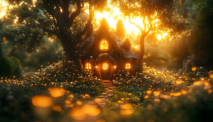 Cozy fairytale cottage nestled among trees and flowers, bathed in golden sunlight