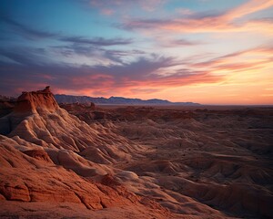 Naklejka premium awe-inspiring metamorphosis of arid terrain at dusk, adorned with intensifying hues, elongated silhouettes, and tranquility that accompanies impending darkness