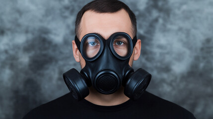 Portrait of a man wearing a gas mask, showcasing concerns about air quality and health.