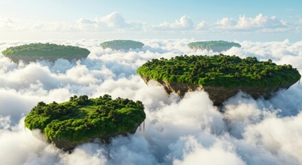 Fototapeta premium Floating islands with lush green trees above soft clouds in a bright sky, a fantasy panoramic landscape and nature escape concept.