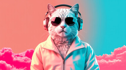 Fototapeta premium A stylized digital art image of a white cat wearing a light pink zip-up jacket and black aviator sunglasses.