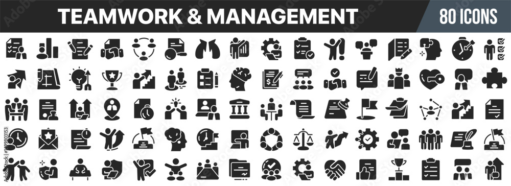 Poster teamwork and management black icons collection. big ui icon set in a flat design. vector illustratio