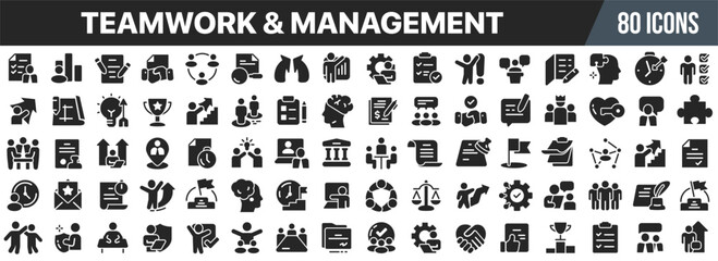 Teamwork and management black icons collection. Big UI icon set in a flat design. Vector illustration EPS10