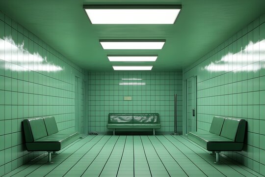 Eerie green tiled corridor with clinical benches and overhead lighting creates a sense of unease and isolation, perfect for psychological thrillers.