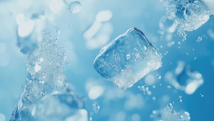 Ice cubes in mid-air, water droplets