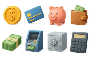 Financial 3d set in modern style. money, banking, and currency icons collection