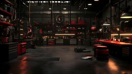 Empty Modern Garage Workshop Interior With Red Tools And Lighting