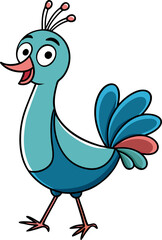 Cartoon peacock standing tall with colorful tail feathers in vibrant vector illustration for design use
