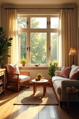 Warm, inviting home interior, sunlight streaming through windows, cozy furniture, welcoming atmosphere, perfect for relaxation and family time , family, soft, natural light