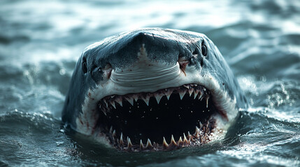 Shark emerges from ocean water displaying sharp teeth in a dramatic underwater moment