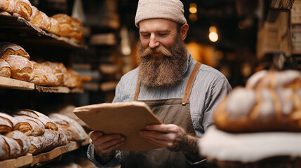 Artisan baker reviewing inventory in a rustic bakery filled with freshly baked bread