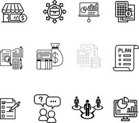 Business Finance and Planning Icon Set – Data Analysis, Strategy, and Management Symbols