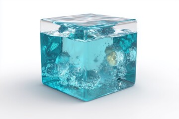 A crystal-clear ice cube with embedded bubbles and a hint of blue water, isolated on a white background.