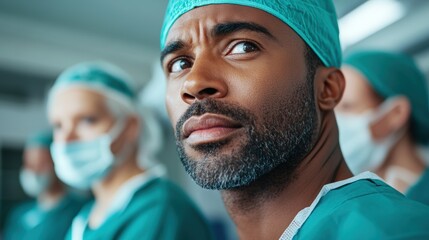 Surgeon focuses intently during medical procedure in hospital operating room