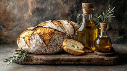 Freshly baked bread and olive oil on a rustic wooden board in a cozy kitchen setting