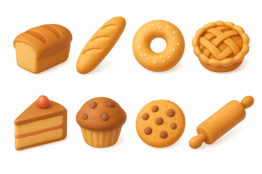 Bakery 3d set of icons. baking, pastry, and dessert items in 3d style
