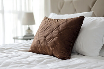 Soft brown decorative pillow resting on a neatly made bed with white linens in a bright room