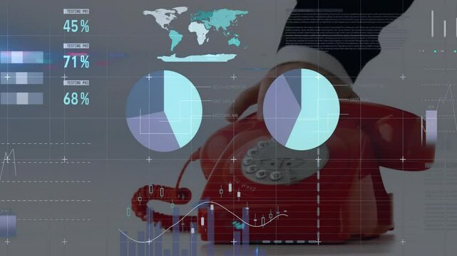 Hand entering top right lifting red rotary receiver, animating data charts for market demo