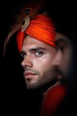 Elegant portrait of a man in traditional attire with a vibrant turban in soft light