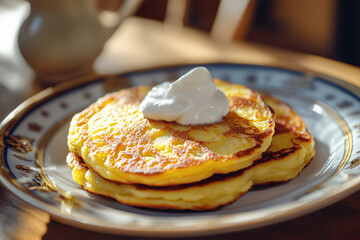 Crispy golden potato pancakes with sour cream on plate in cozy rustic kitchen setting with natural home light